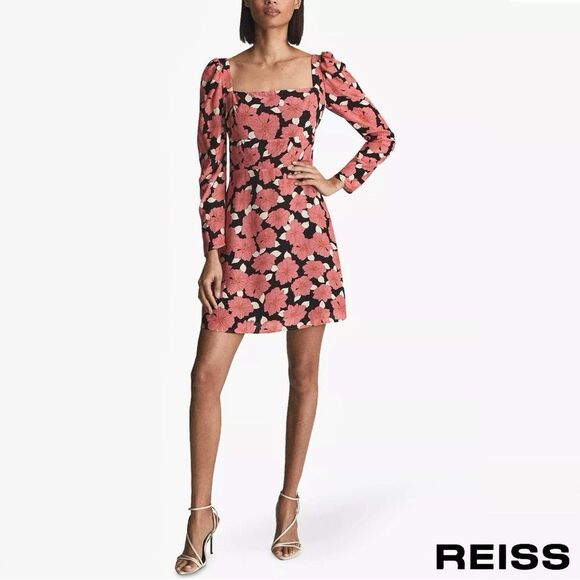 REISS **NWT** Andi Pink Floral Print Puffed Shoulder Woven Mini Dress - Picture 1 of 13